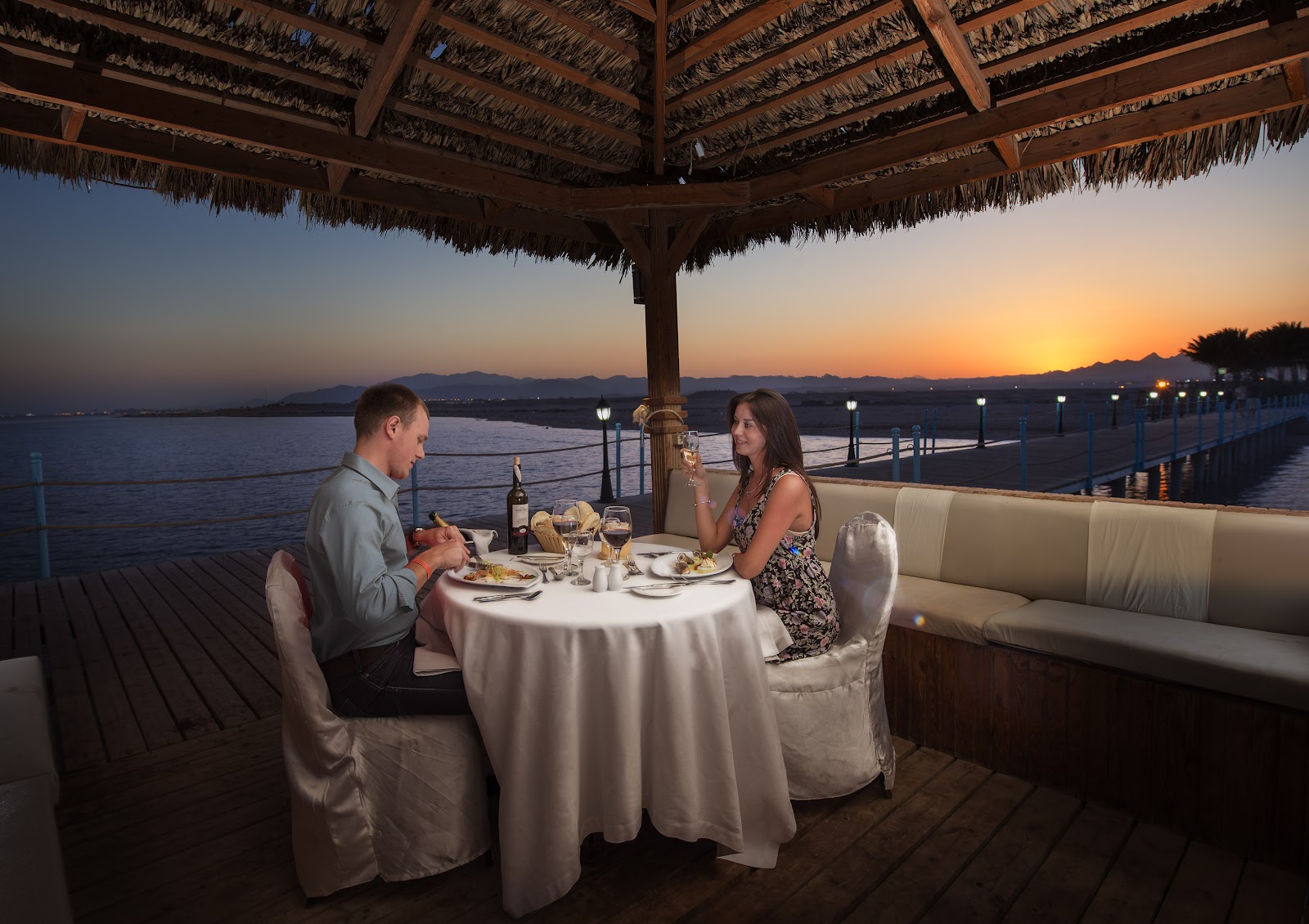 Romantic sunset dinner by the Red Sea at Amwaj Beach Club